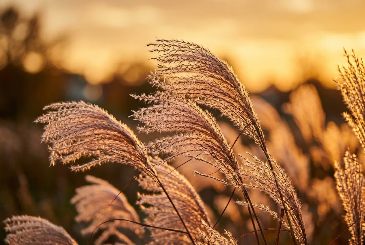 Miscanthus sinensis flower plumes backlit by autumn sunset showing silvery-pink feathery texture