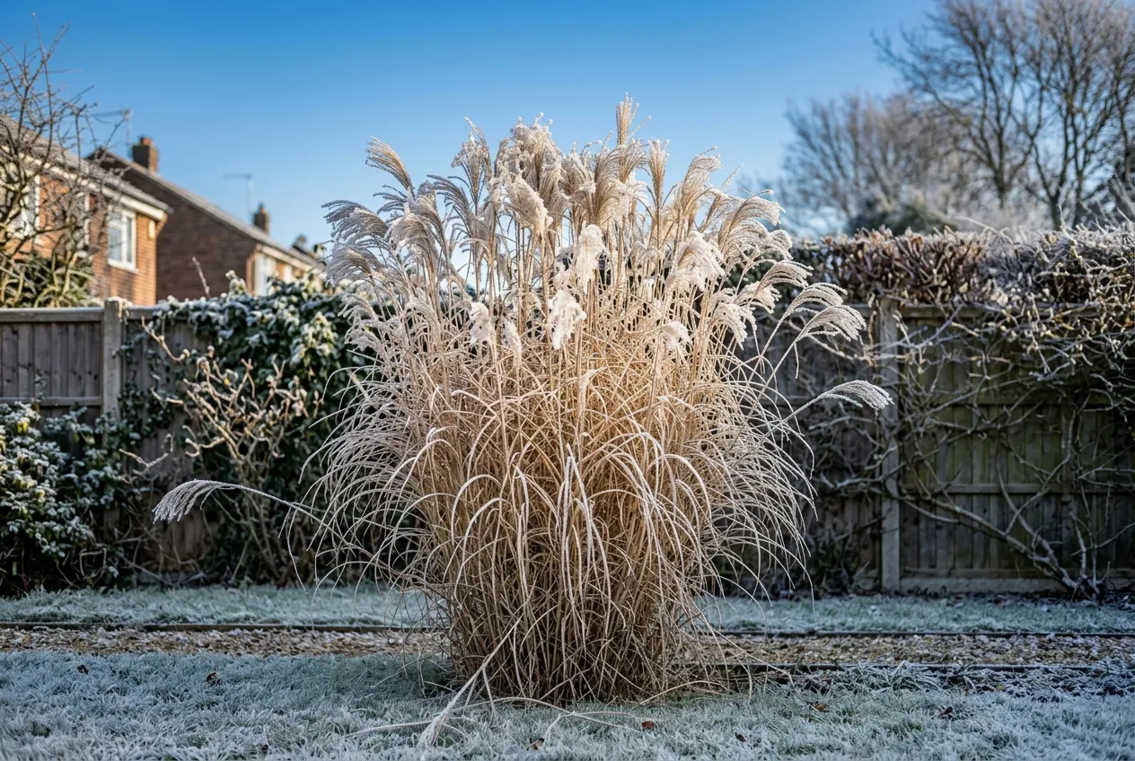 Miscanthus in winter with dried golden stems and frosted seed heads in a UK suburban garden