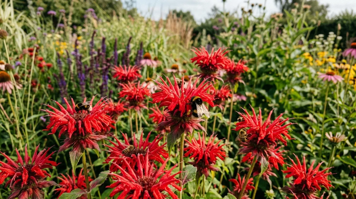Red monarda bee balm flowers with bees visiting in a UK prairie garden