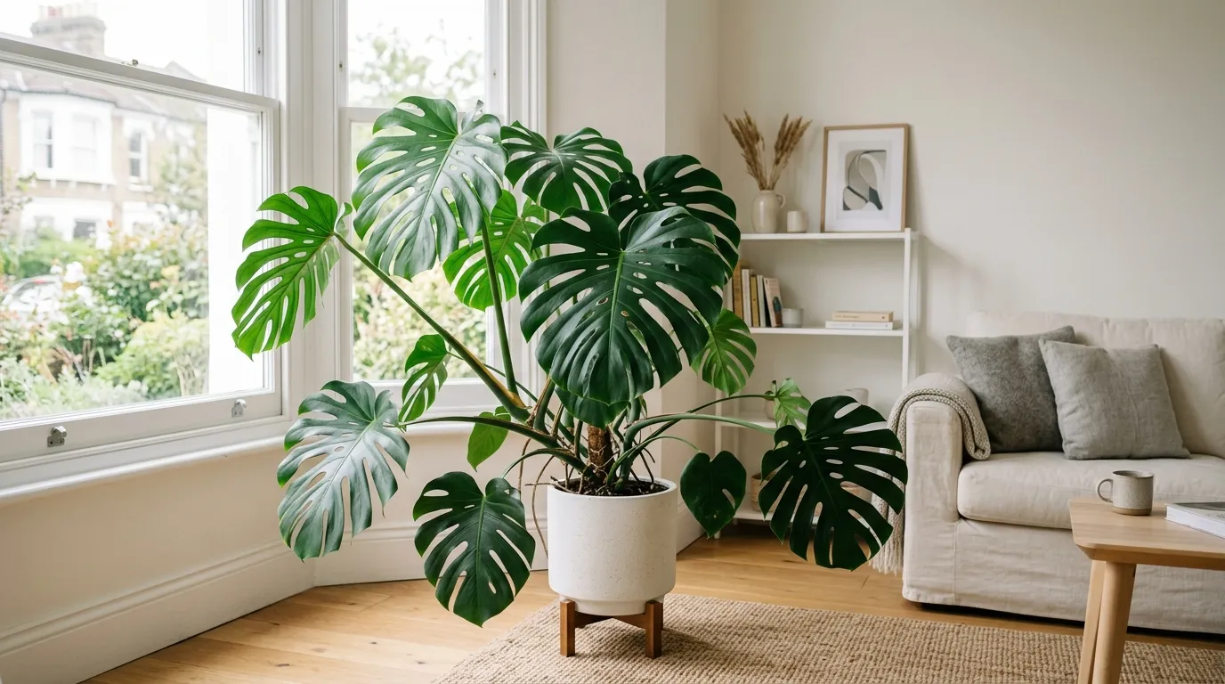 Large monstera deliciosa with deep leaf splits growing on a moss pole beside a bright UK living room window