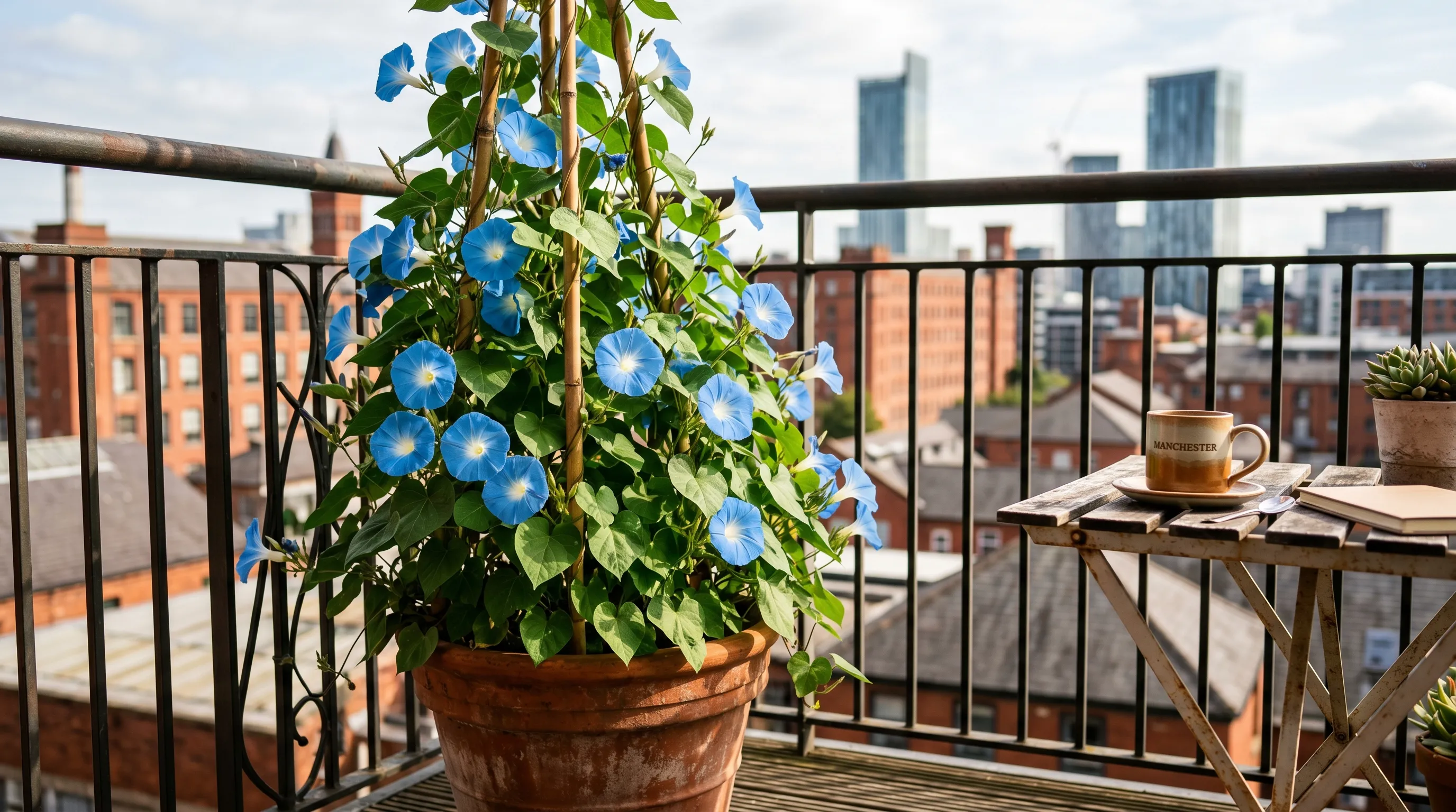 Morning glory growing in a container on an urban balcony