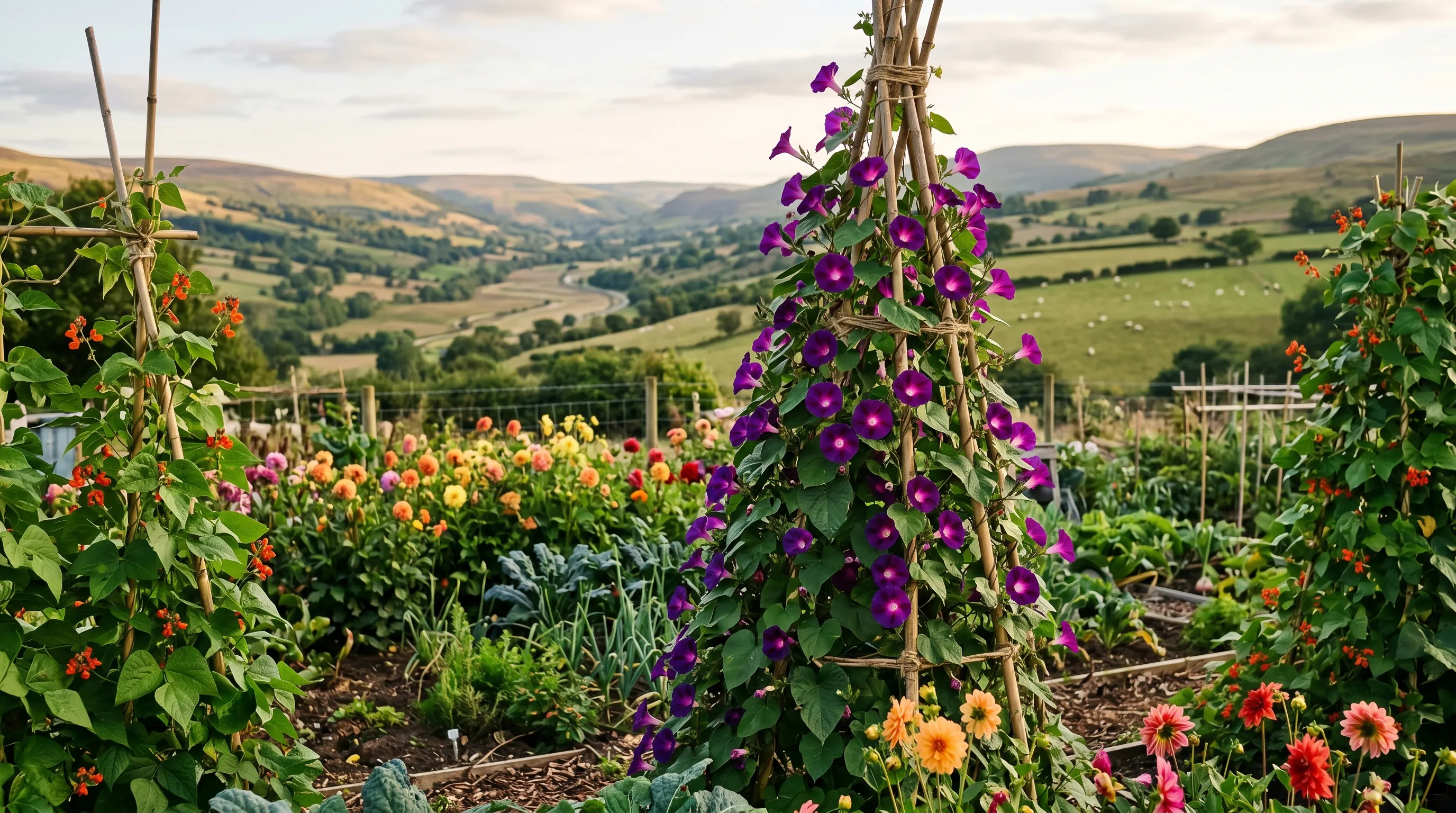 Ipomoea Grandpa Ott morning glory climbing a bamboo wigwam on a Welsh allotment
