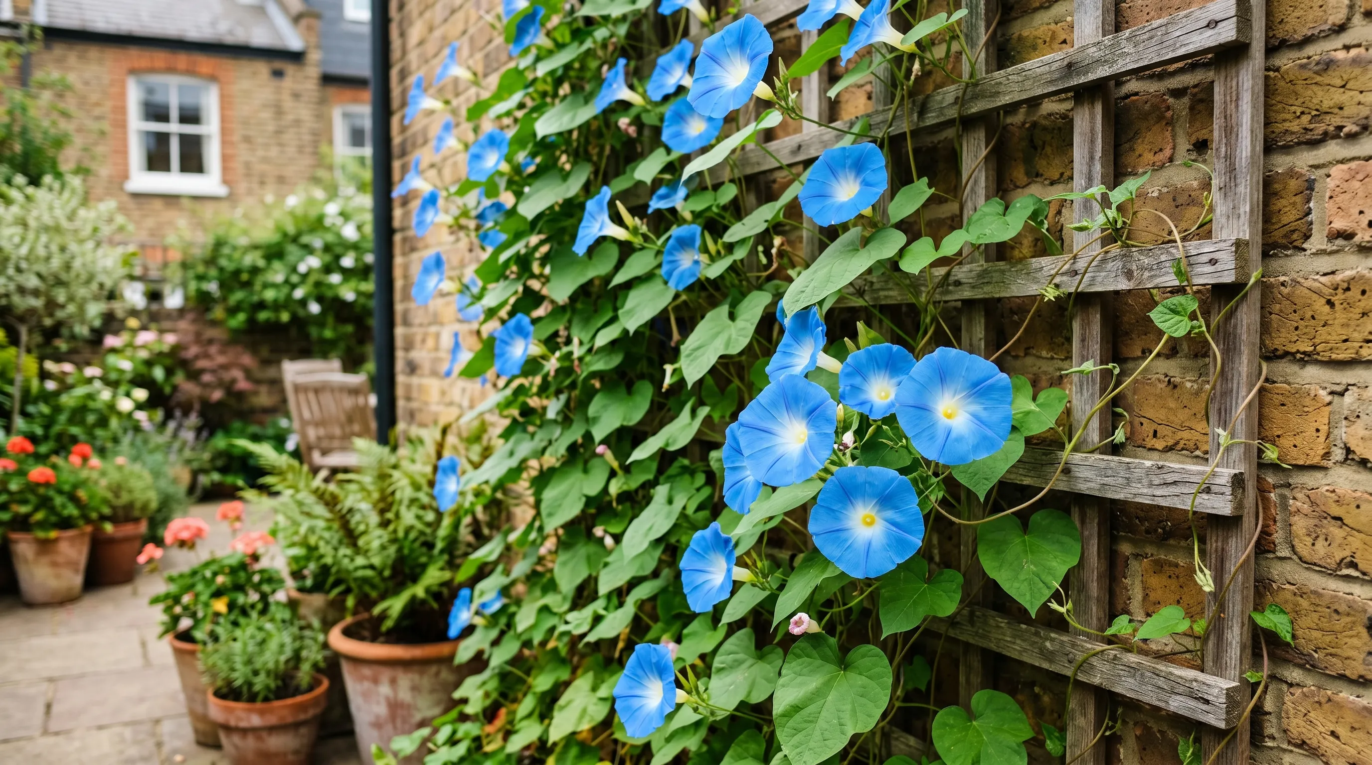 Ipomoea Heavenly Blue morning glory climbing a trellis on a south-facing wall in a UK garden