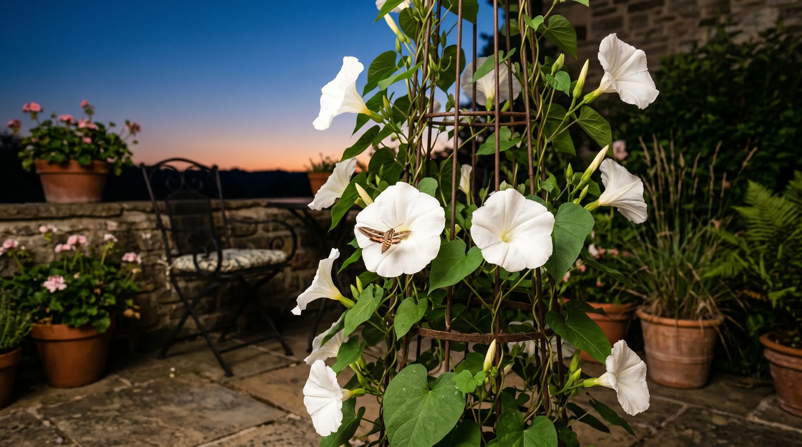Ipomoea alba moonflower with large white flowers opening at dusk on a patio