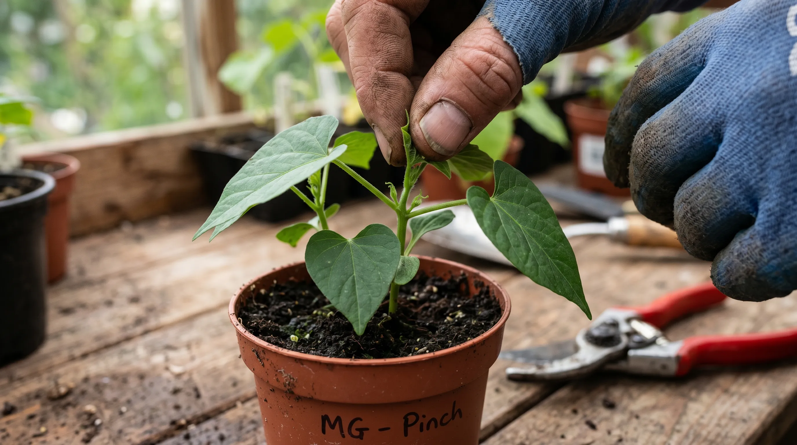 Close-up of fingers pinching out the growing tip of a morning glory seedling