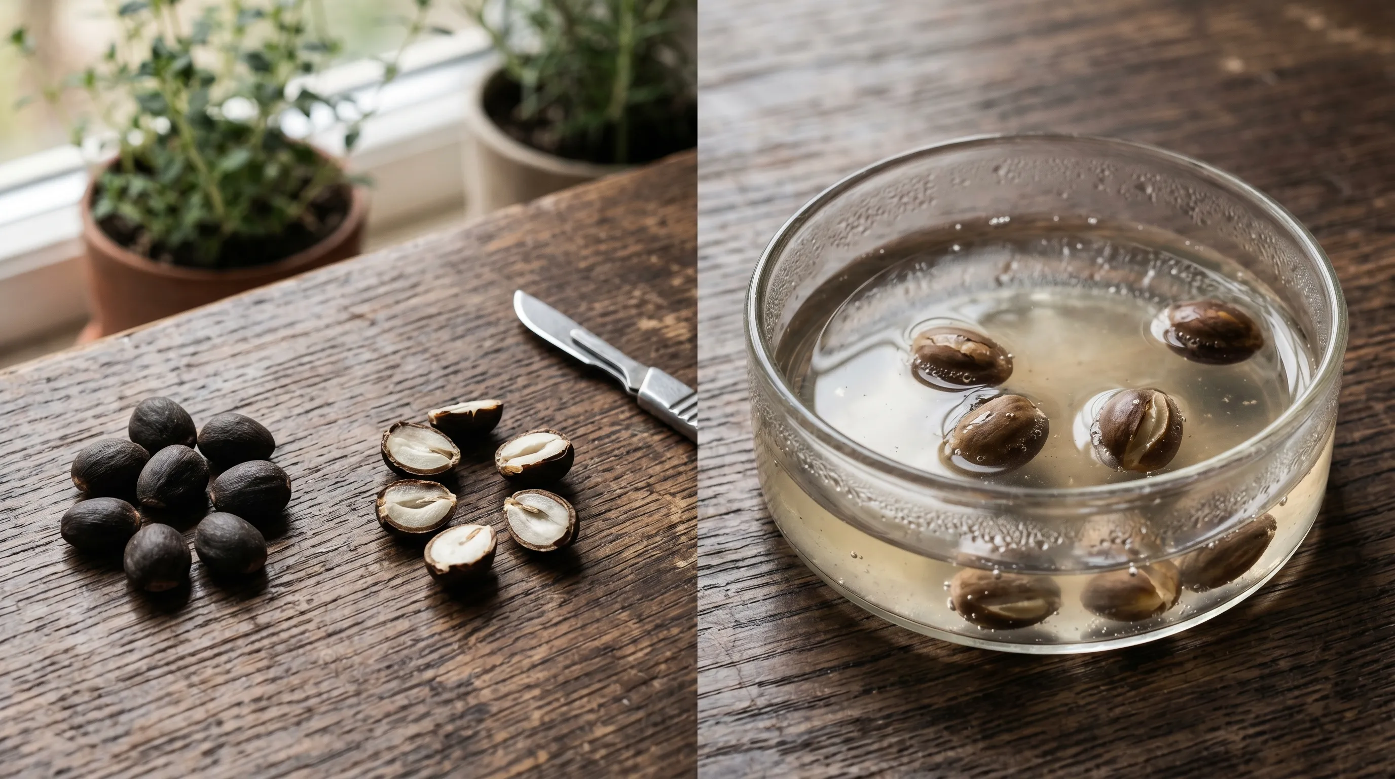 Morning glory Ipomoea seeds with some nicked and some soaking in water for pre-treatment