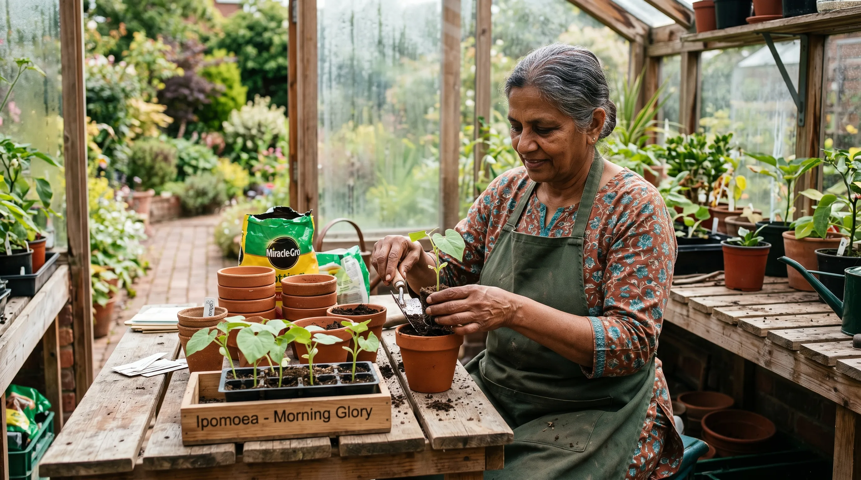 Young morning glory seedlings being potted on into 9cm pots
