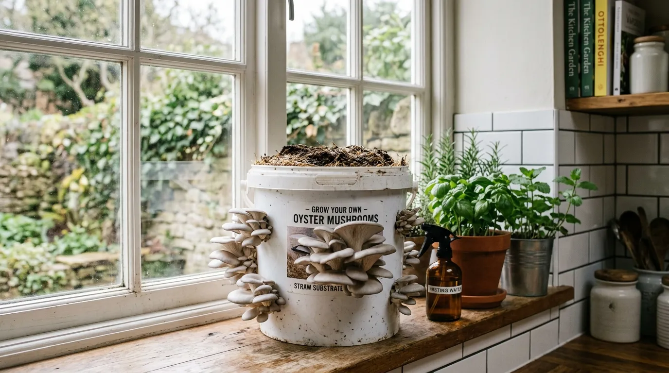 Clusters of oyster mushrooms growing on straw substrate at home in a UK kitchen