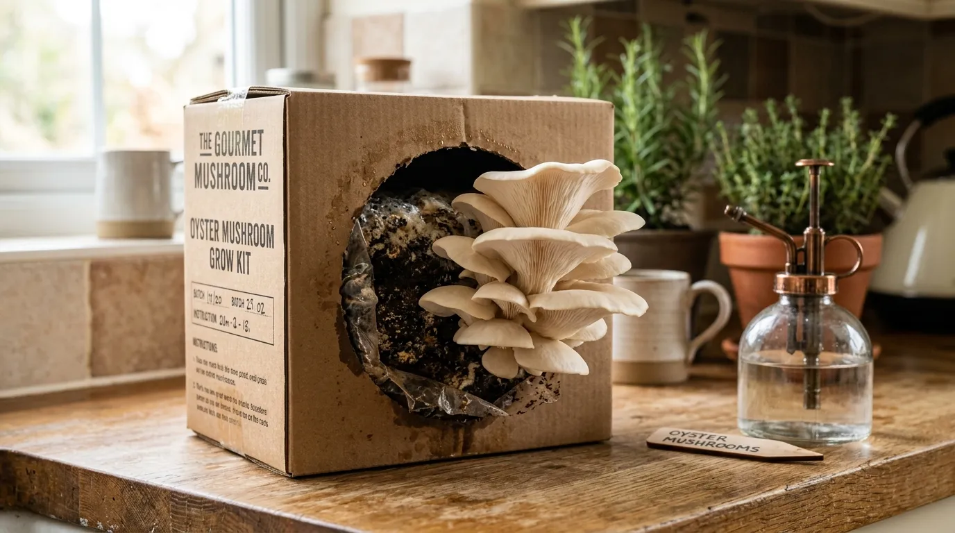 Oyster mushroom growing kit fruiting on a kitchen shelf in a UK home