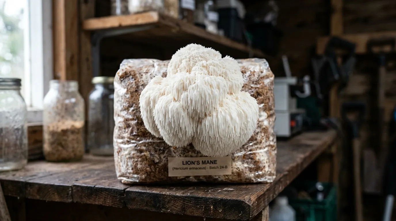 Lion's mane mushroom growing from a supplemented sawdust block on a shelf in a UK garage