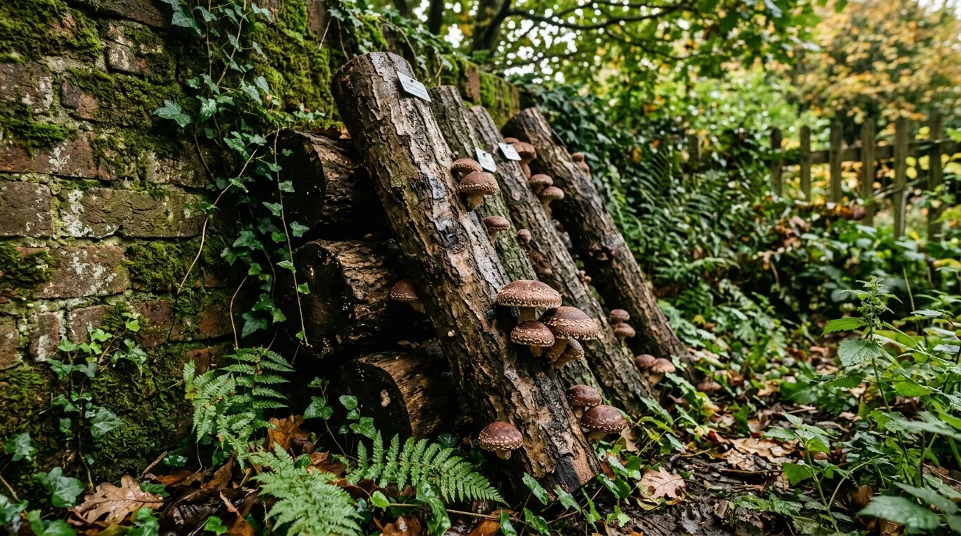 Shiitake mushrooms fruiting from inoculated oak logs stacked in a shady UK garden