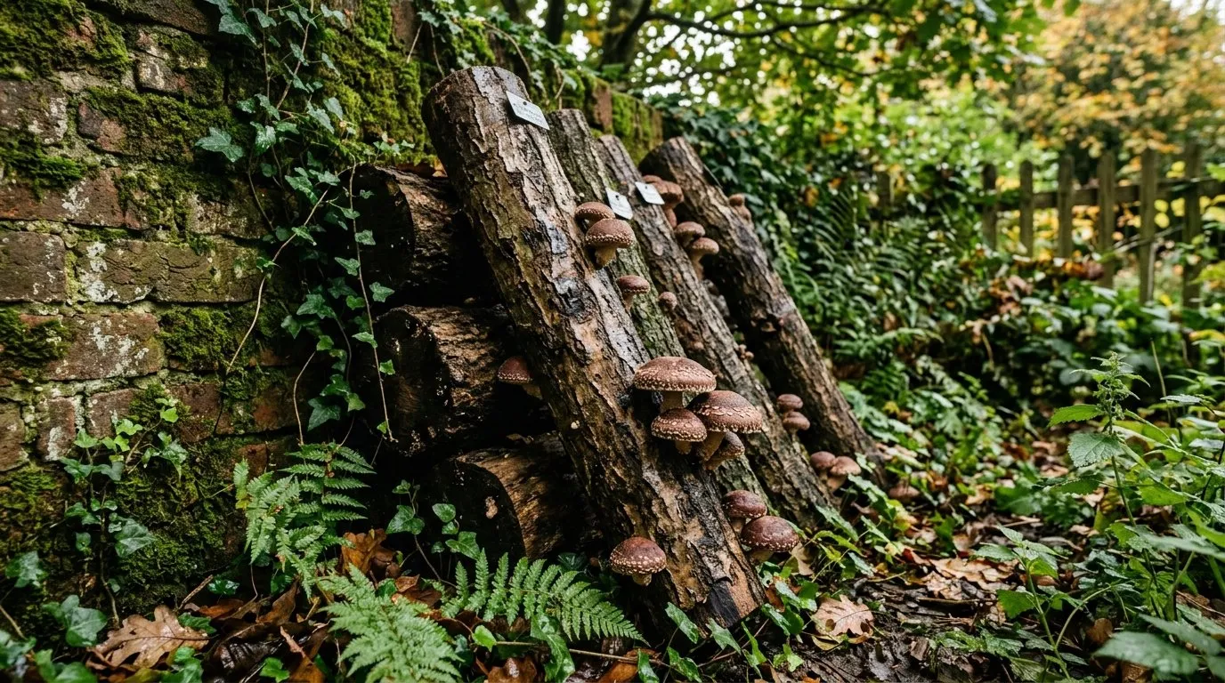 Shiitake mushrooms fruiting from inoculated oak logs stacked in a shady UK garden