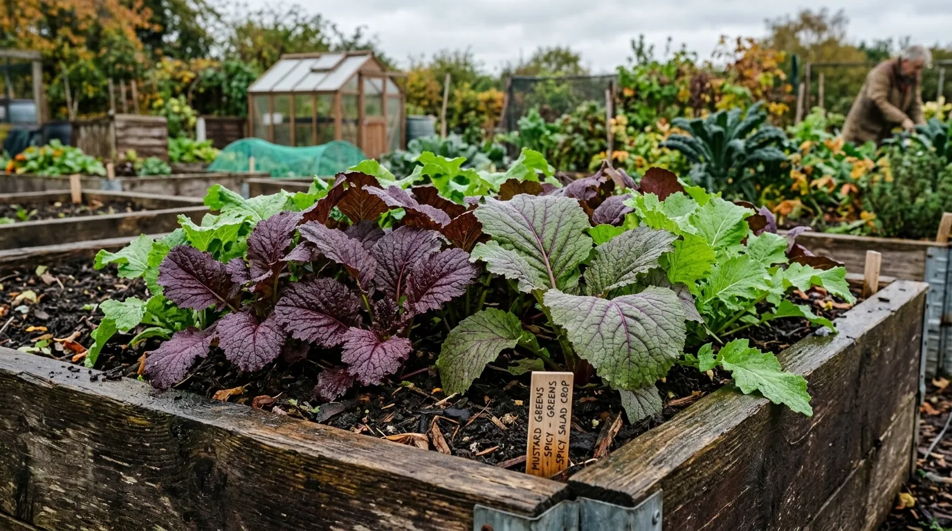 Red and green mustard greens growing in a UK raised bed