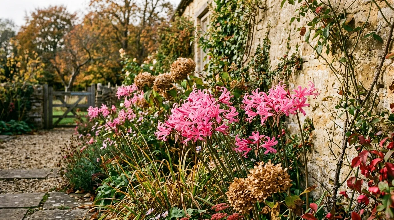 Pink nerine bowdenii flowers blooming in late October against a UK stone wall