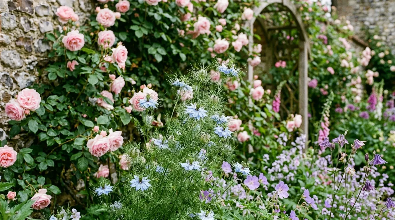Blue nigella love-in-a-mist flowers with feathery foliage in a UK cottage garden