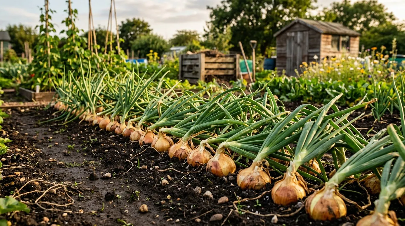 Golden brown onions growing in rows with tops bending over in an allotment
