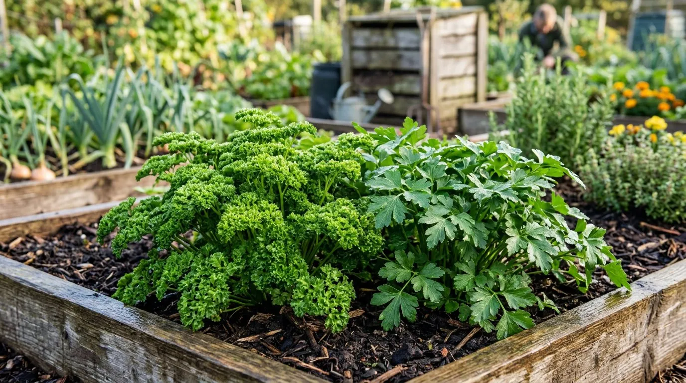 Curly and flat-leaf parsley growing side by side in a UK vegetable garden raised bed