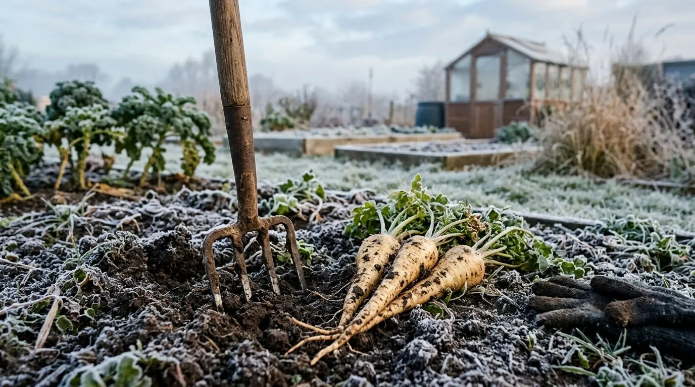 Cream-coloured parsnips freshly dug from frosty soil with a garden fork