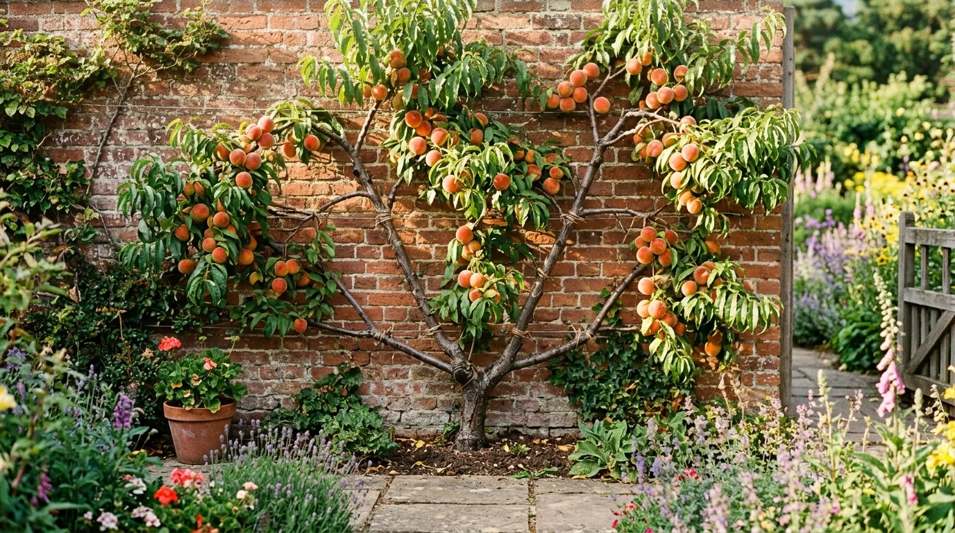 Ripe peaches on a fan-trained peach tree against a south-facing brick wall in a UK garden