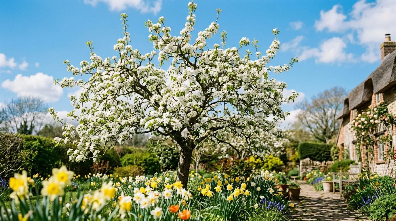 Pear tree in full white blossom in April