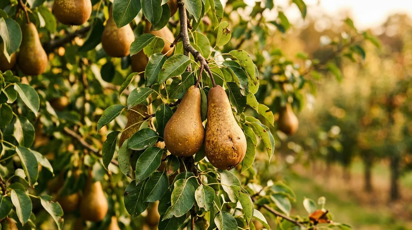 Ripe Conference pears showing their characteristic russet skin