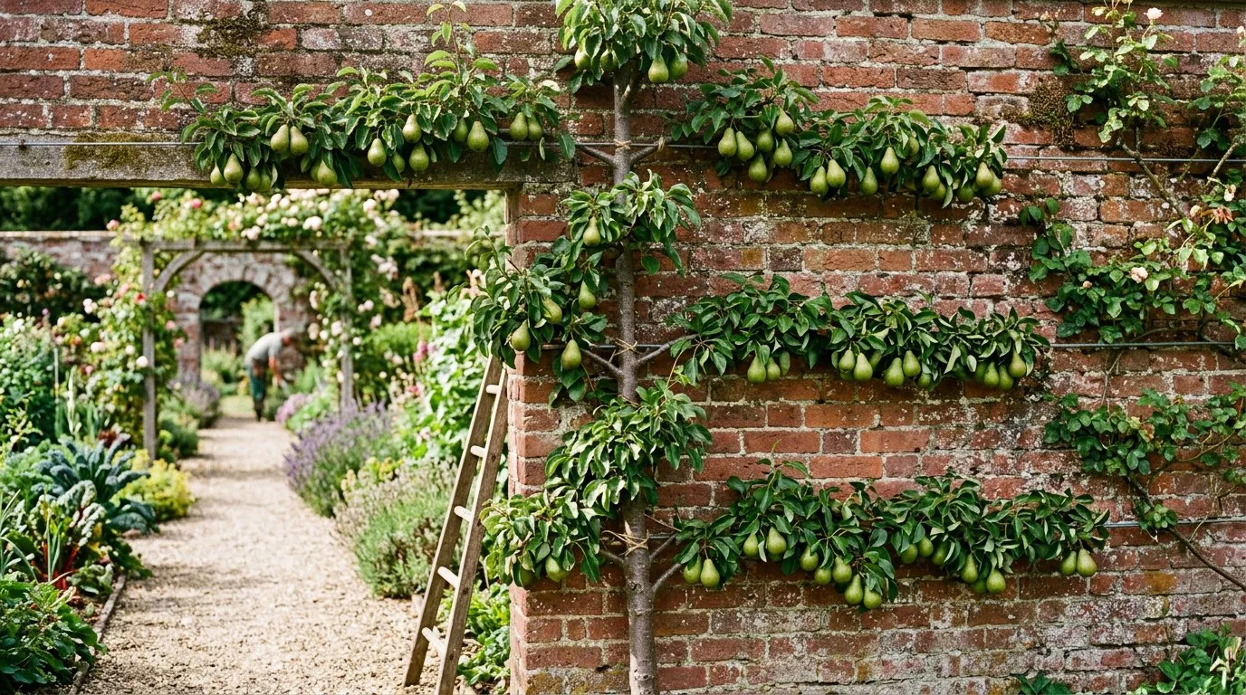 Pear tree trained as a three-tier espalier against a brick wall