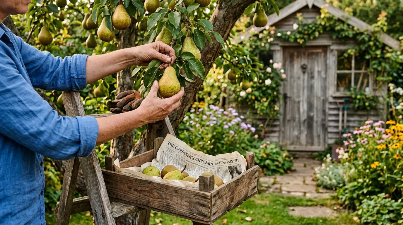 Picking pears into a wooden crate for indoor ripening