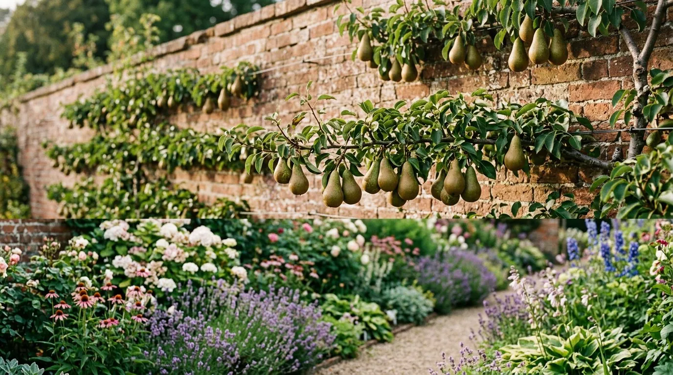 Ripe Conference pears on an espalier-trained tree against a warm brick wall