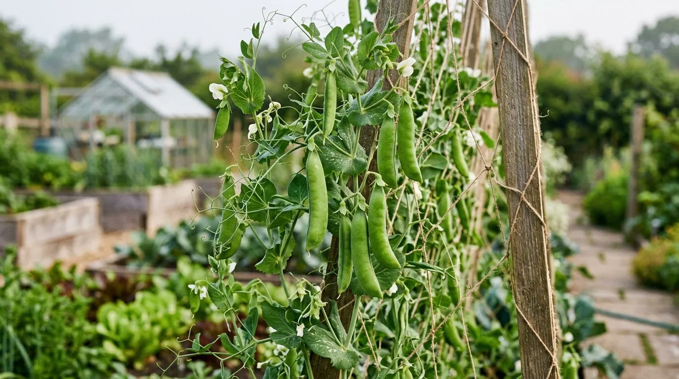 Green pea pods hanging from climbing pea plants supported by netting in a kitchen garden