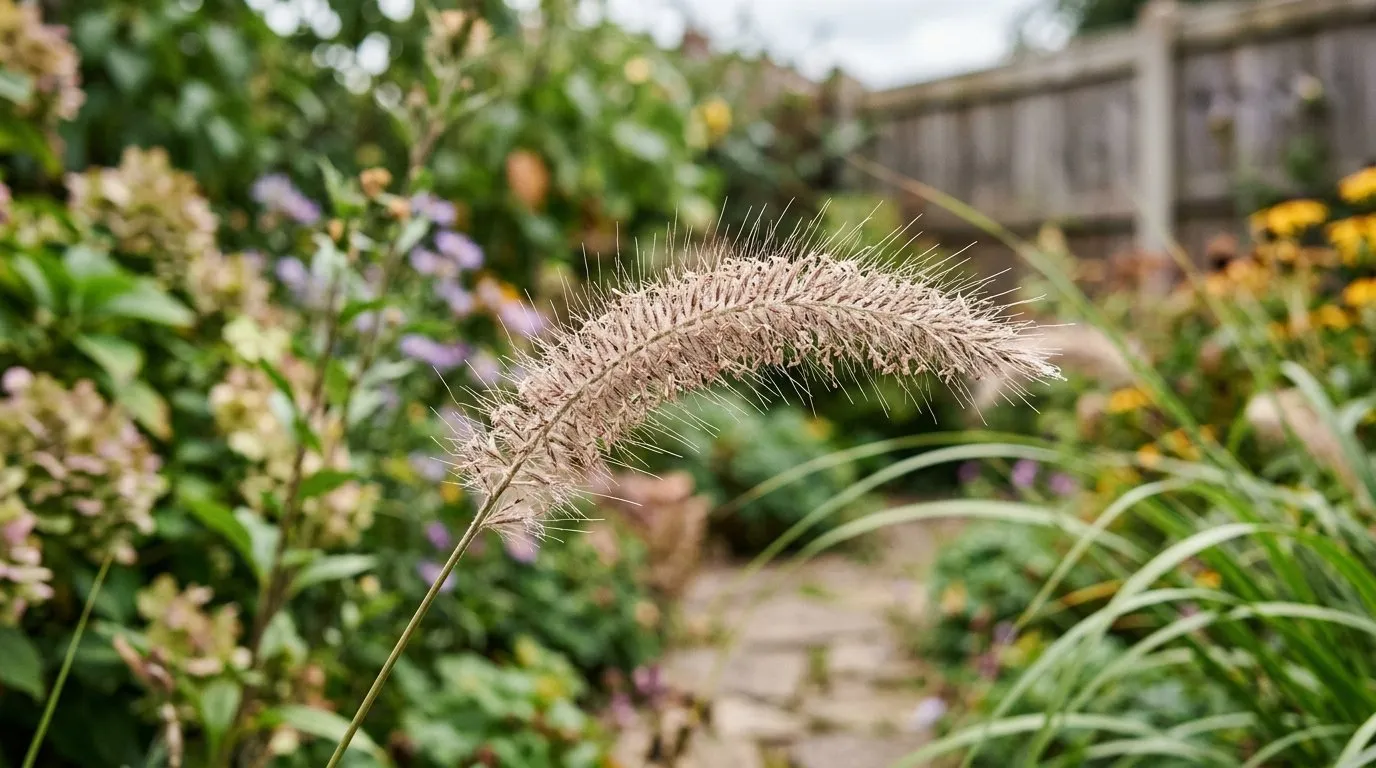 Close-up of pennisetum fountain grass flowering in a UK garden border for pennisetum fountain grass guide