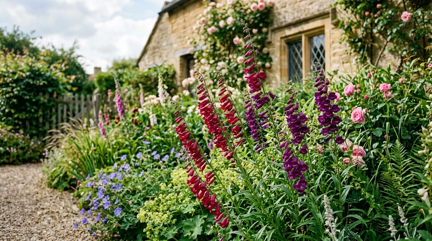 Tubular penstemon flowers in wine red and purple in a UK cottage garden
