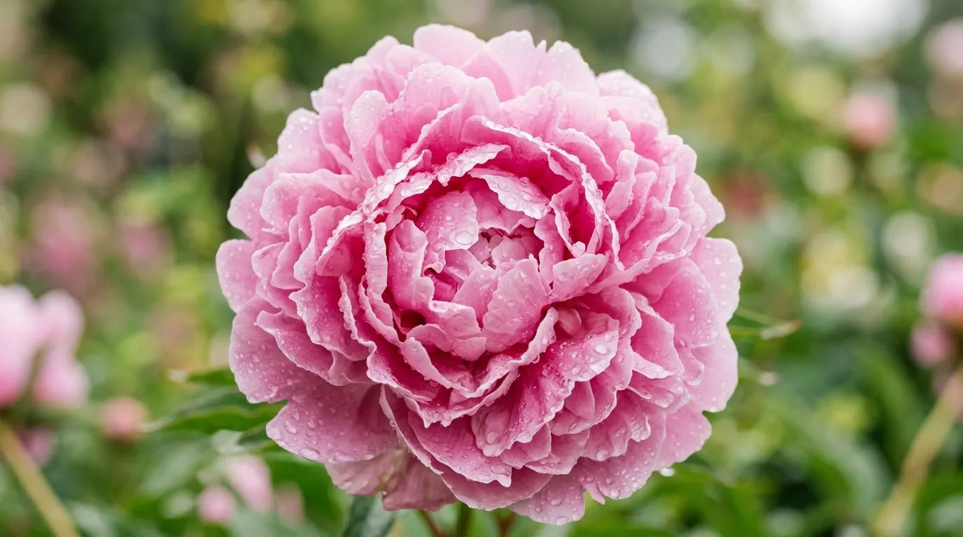 Close-up of a fully open double pink peony bloom with raindrops on petals