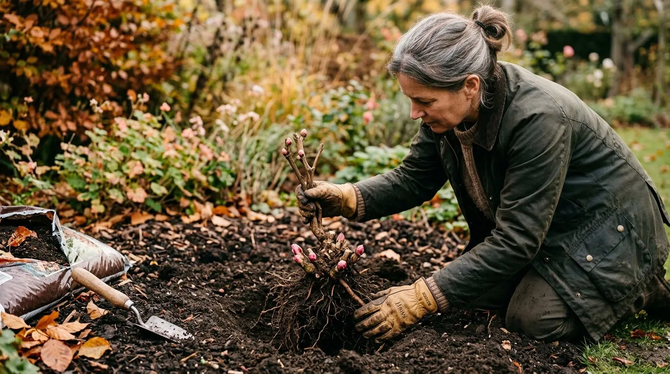 Bare-root peony being planted in prepared soil with eyes visible at the correct depth