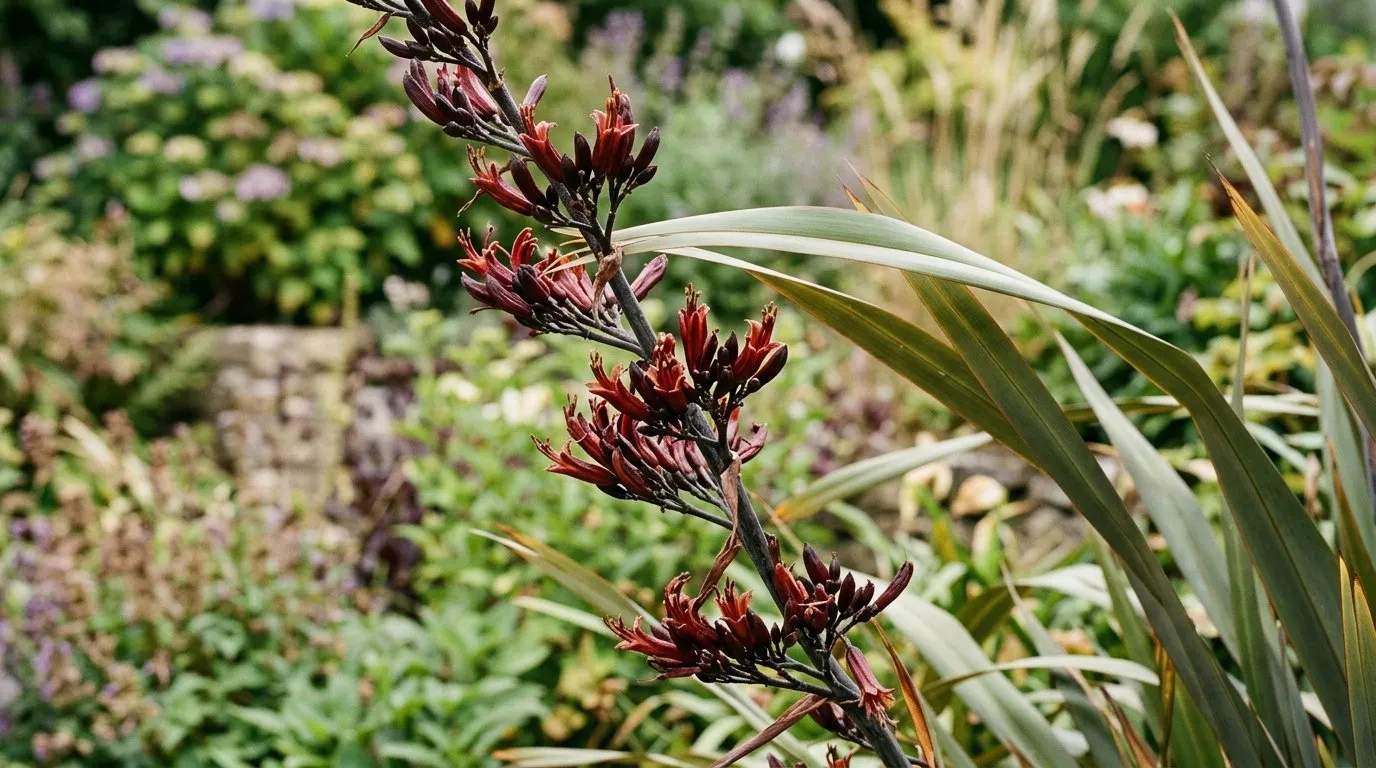 Close-up of phormium nz flax flowering in a UK garden border for phormium nz flax guide