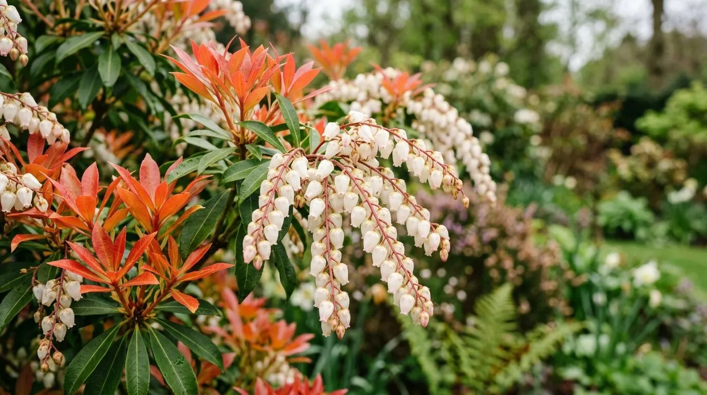 Close-up of pieris flowering in a UK garden border for pieris guide