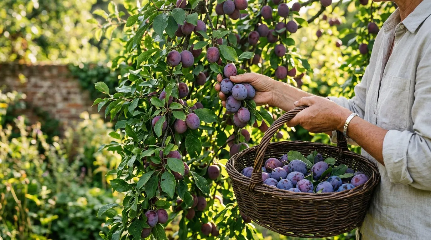 Ripe Victoria plums being harvested into a wicker basket