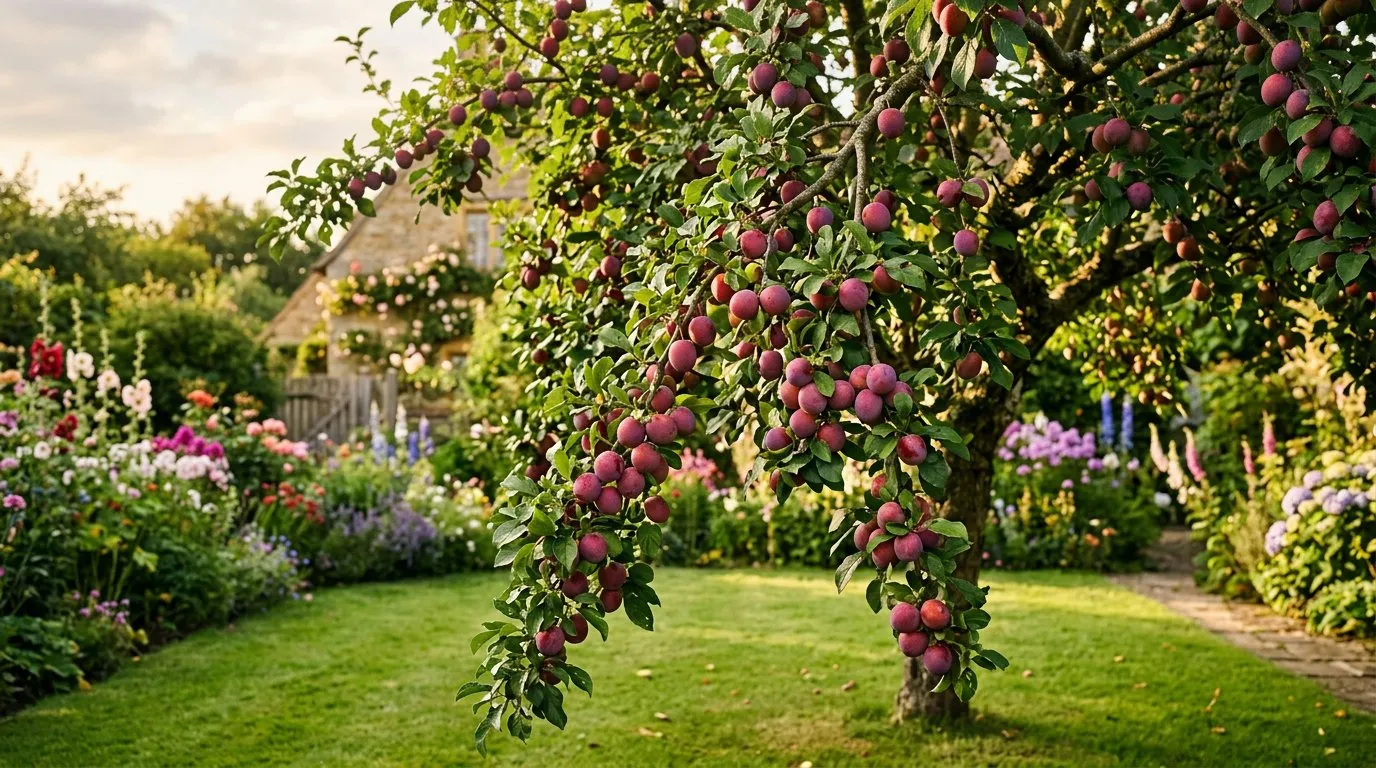 Victoria plum tree with branches laden with ripe purple-red plums