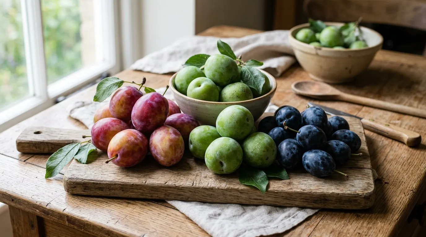 Victoria plums Cambridge Gage and damsons arranged on a wooden board