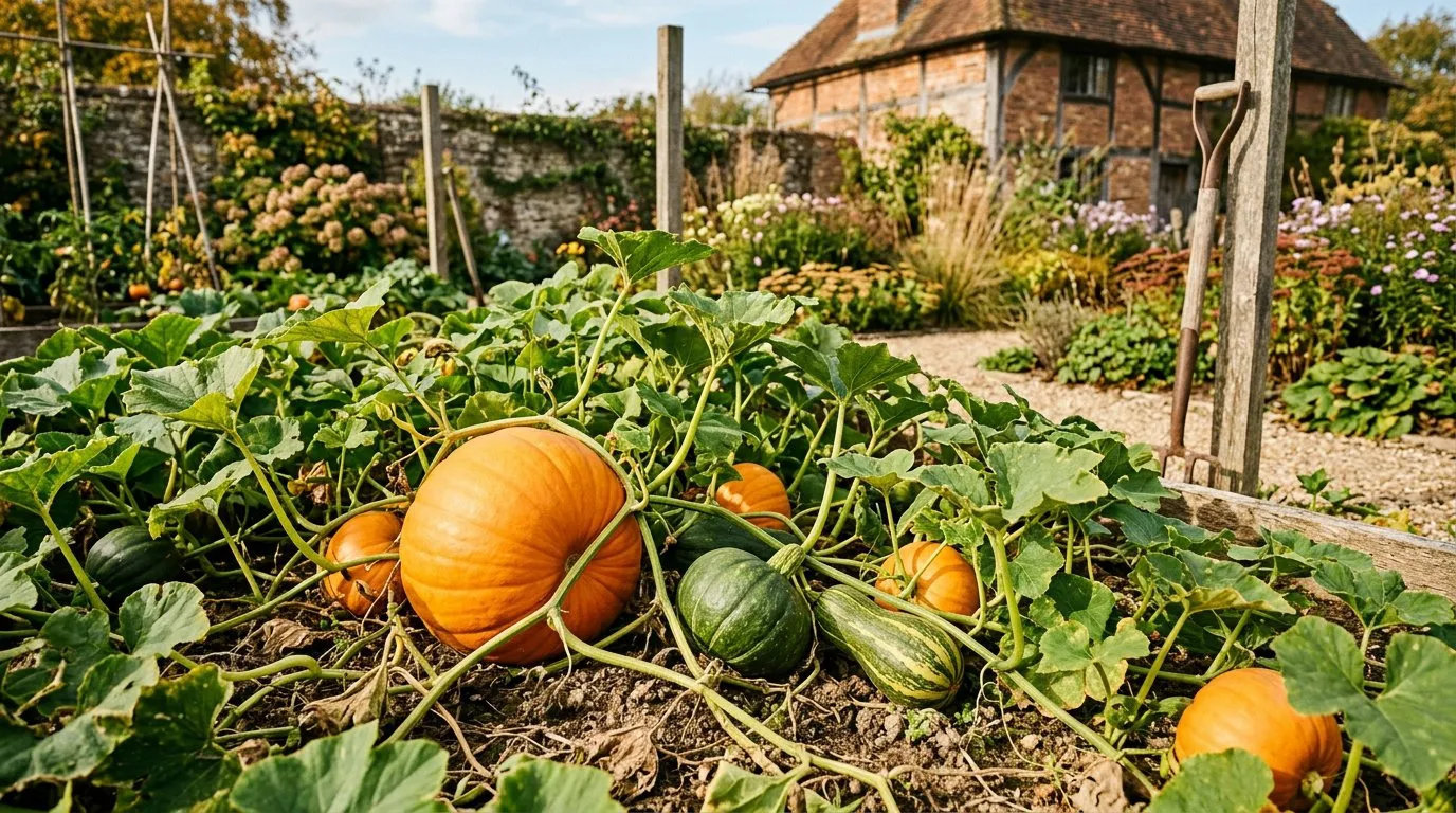 Orange pumpkins and green squash growing on vines in a sunny garden