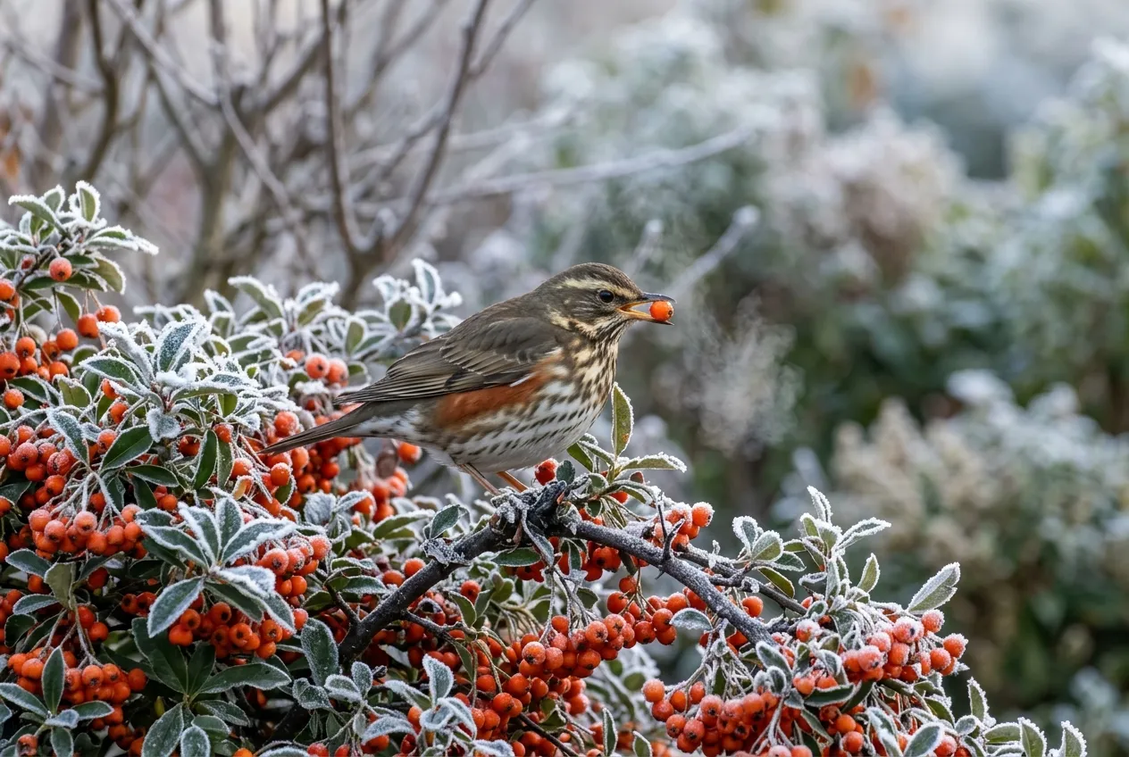 Redwing bird feeding on pyracantha berries in a frosty UK winter garden