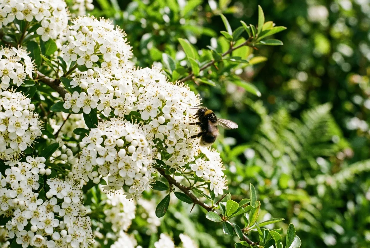 Pyracantha white flowers with a bumblebee visiting in a UK garden