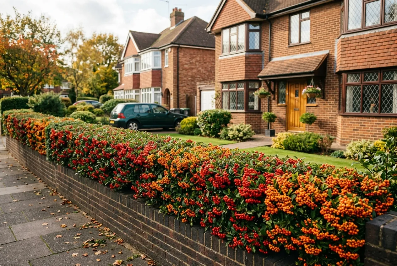Pyracantha hedge covered in red and orange berries along a suburban UK front garden
