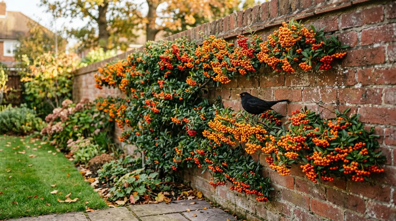 Pyracantha firethorn trained against a red brick wall covered in orange berries in a UK garden