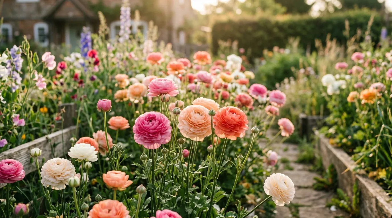 Ranunculus flowers with layered petals in peach, pink, and cream growing in a UK cutting garden
