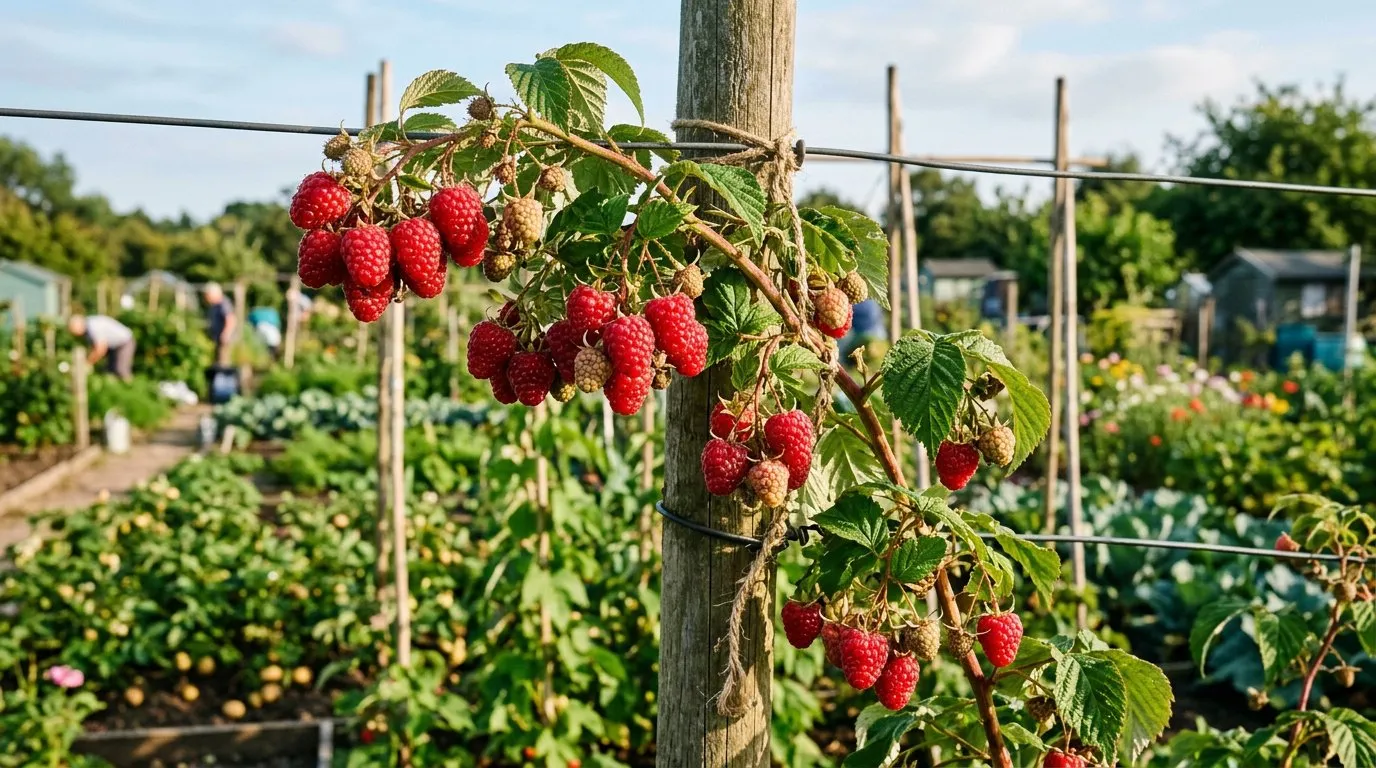 Ripe red raspberries on canes with a post-and-wire support in a UK allotment