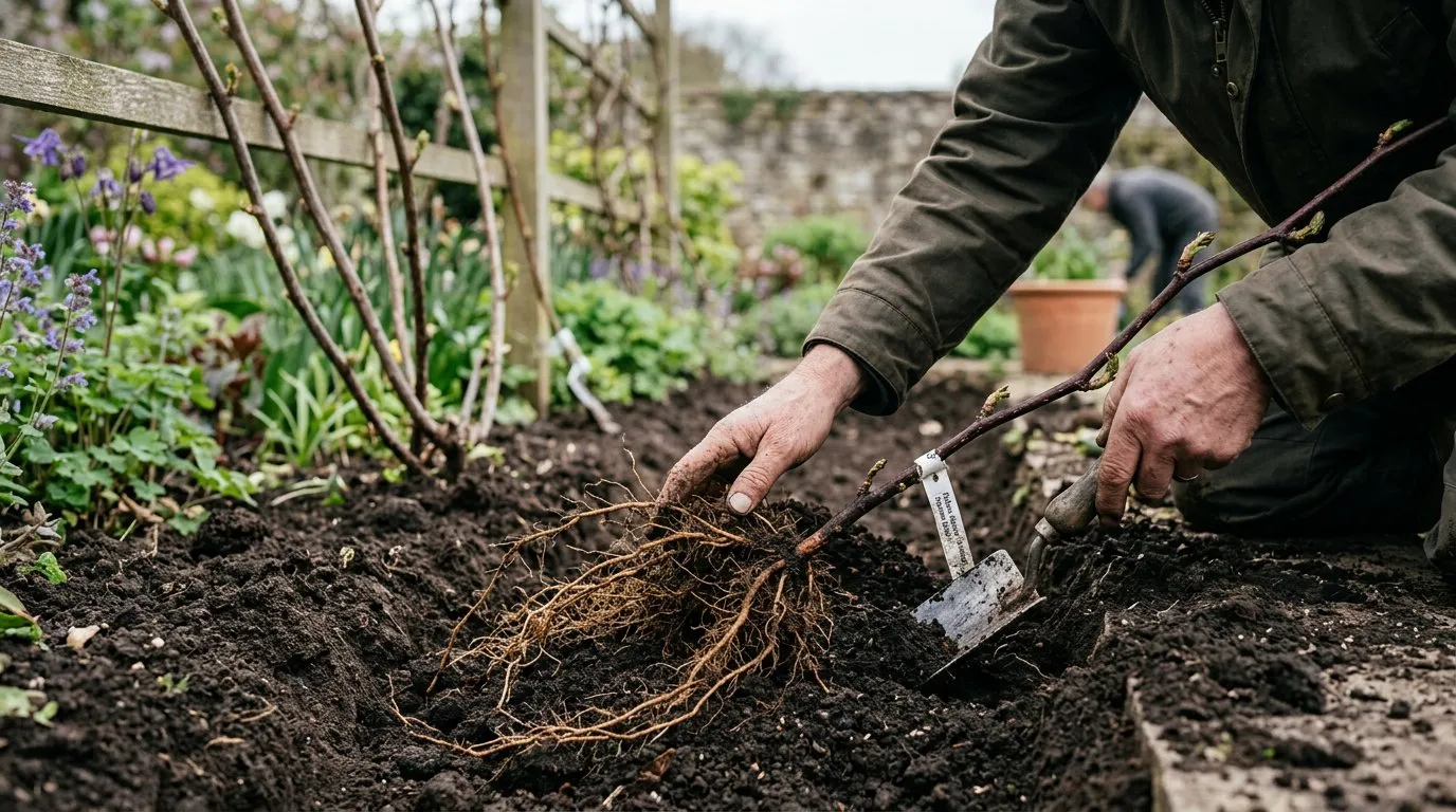 Bare-root raspberry canes being planted in a prepared trench