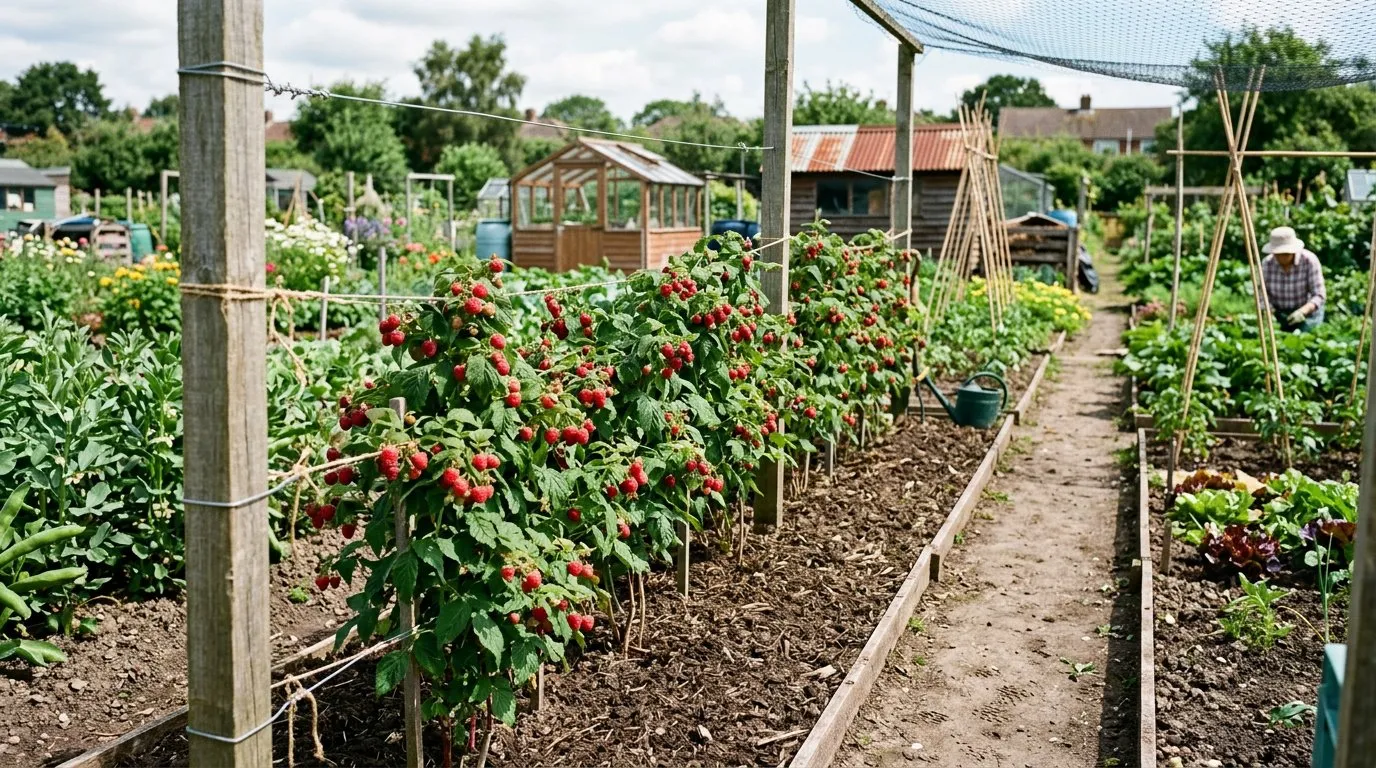 Neat row of raspberries on a post-and-wire framework in an allotment