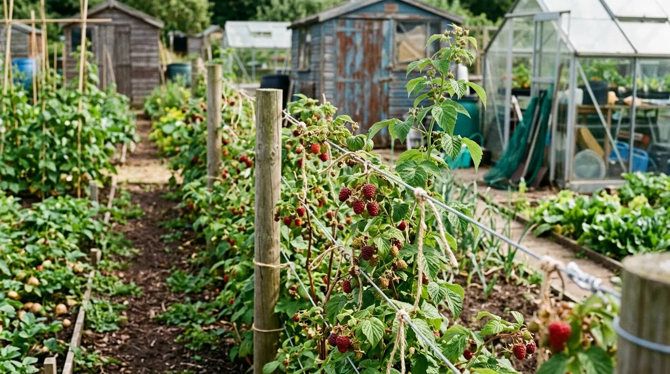 Summer raspberry canes tied to a post-and-wire support system in an allotment