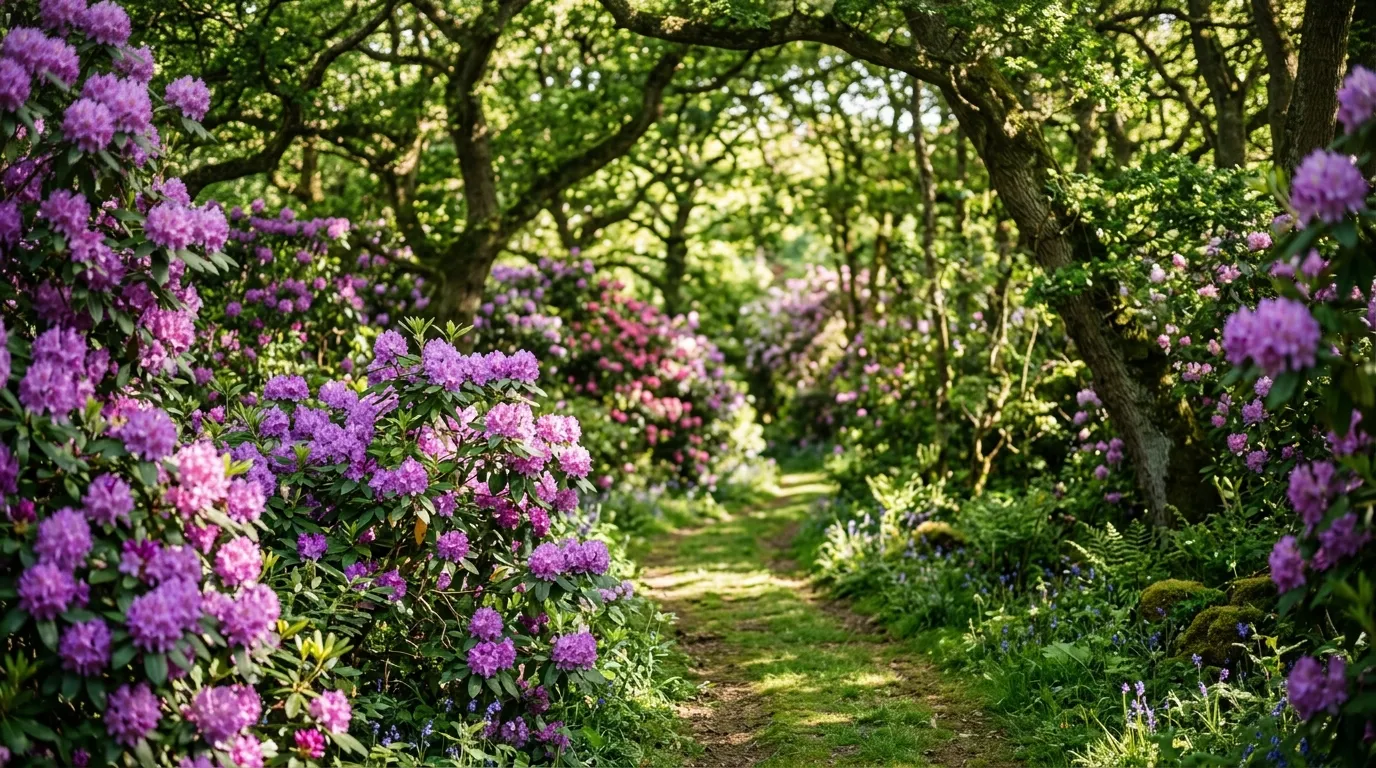 Purple and pink rhododendrons blooming in a UK woodland garden