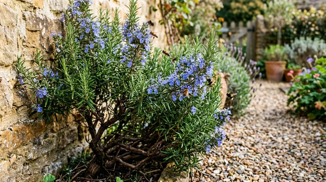 Mature rosemary bush with blue flowers growing beside a warm stone wall in a UK garden
